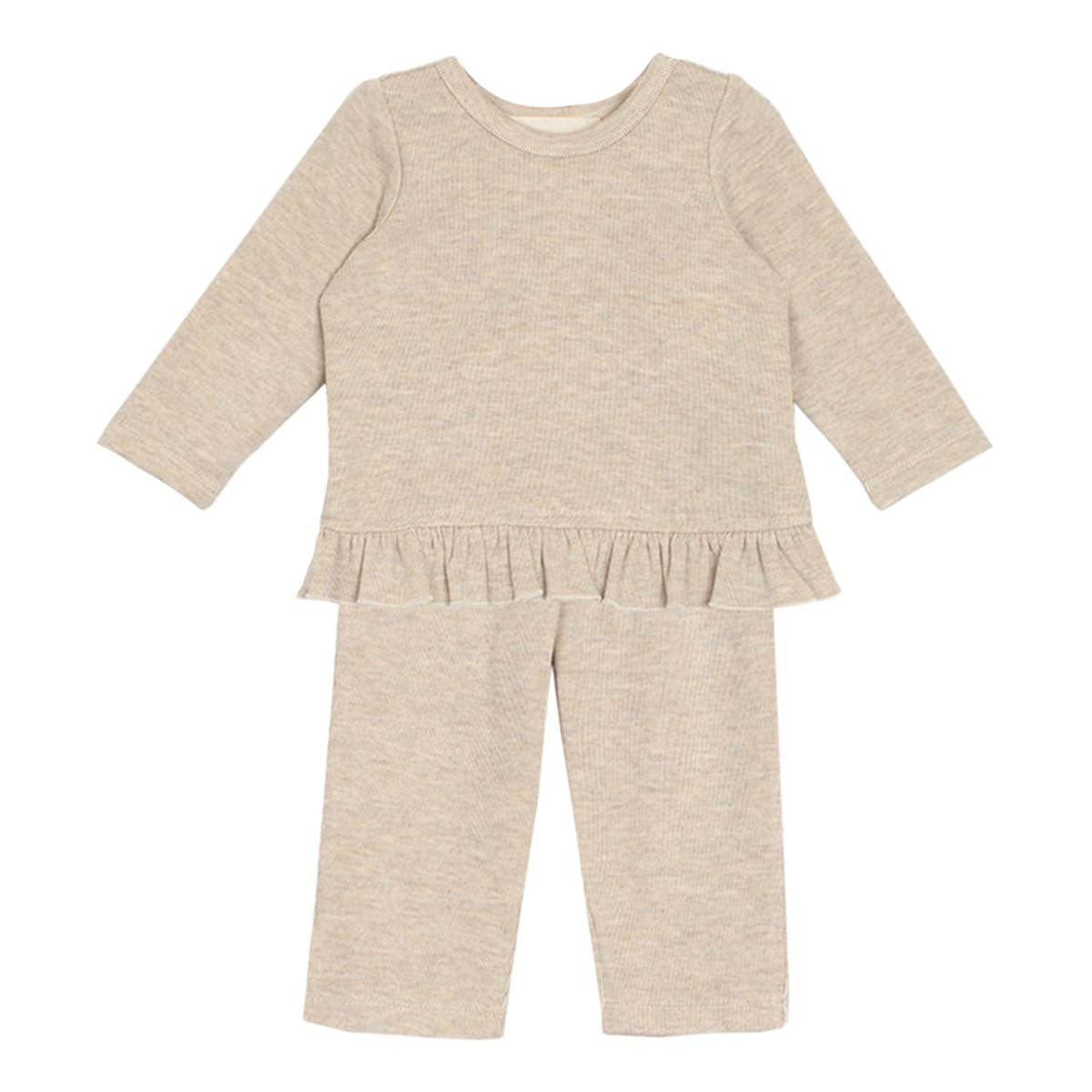 2pc Beige Ruffle Knit Shirt and Pants Set