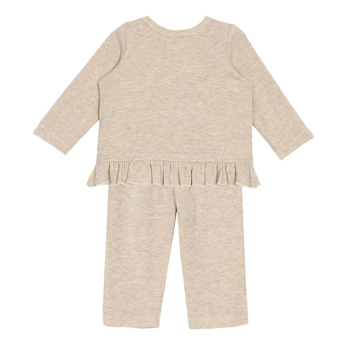 2pc Beige Ruffle Knit Shirt and Pants Set