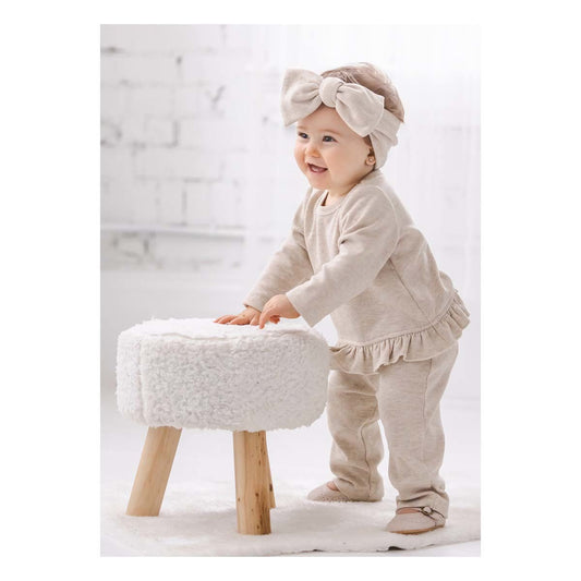 2pc Beige Ruffle Knit Shirt and Pants Set