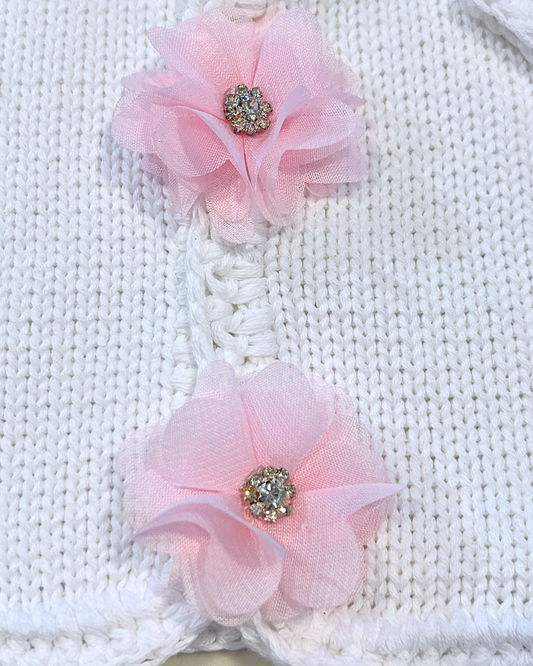 boutique baby girl sweater set, newborn white pink flower knit outfit, rhinestone baby girl sweater Expressions Boutique NY, luxury knitwear baby girl, christening outfit baby girl knit, heirloom newborn sweater hat set, boutique baby girl clothing set, newborn knit outfit girls, special occasion baby shower gift girl, cotton knit baby girl sweater set