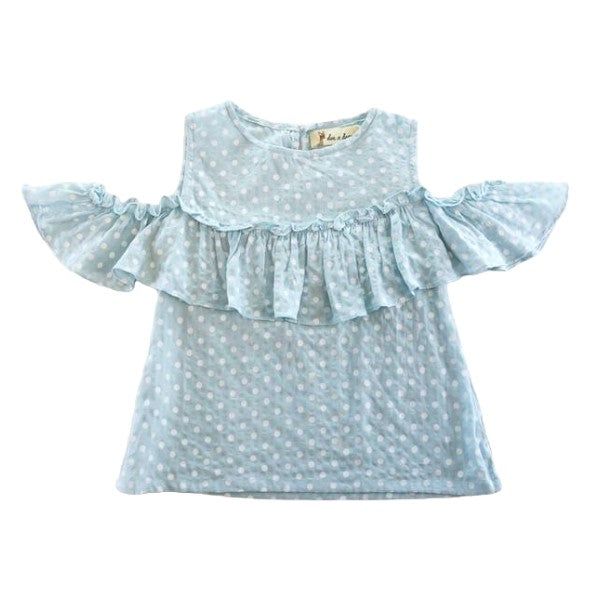 Blue Polka Dot Cold Shoulder Top with Front Ruffle