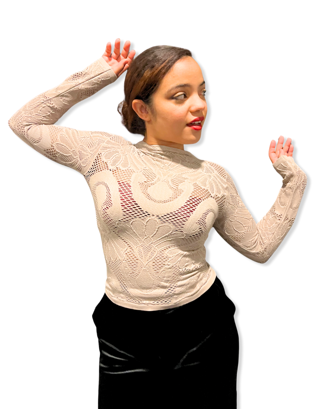 seamless jacquard mock neck Expressions Boutique NY, stone knit long sleeve top, women’s boutique fitted top, textured jacquard turtleneck, minimalist neutral fashion