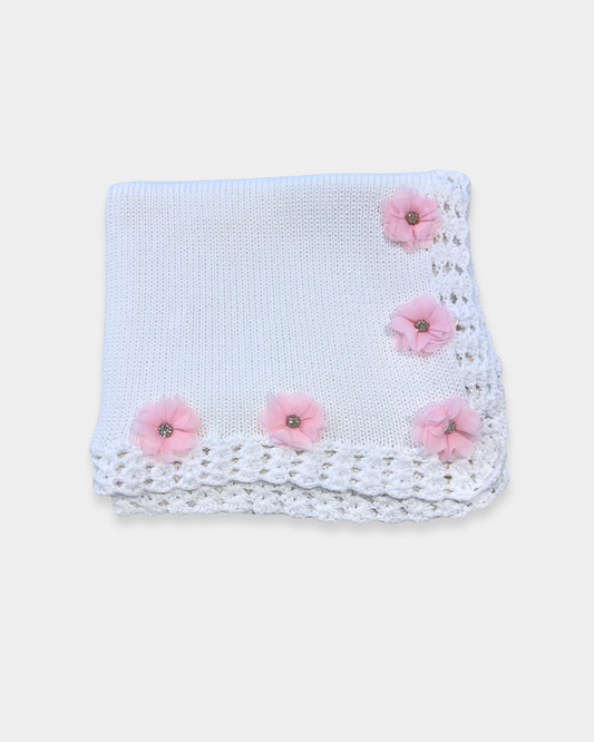 White w Pink Flower Small Rhinestone Center Blanket