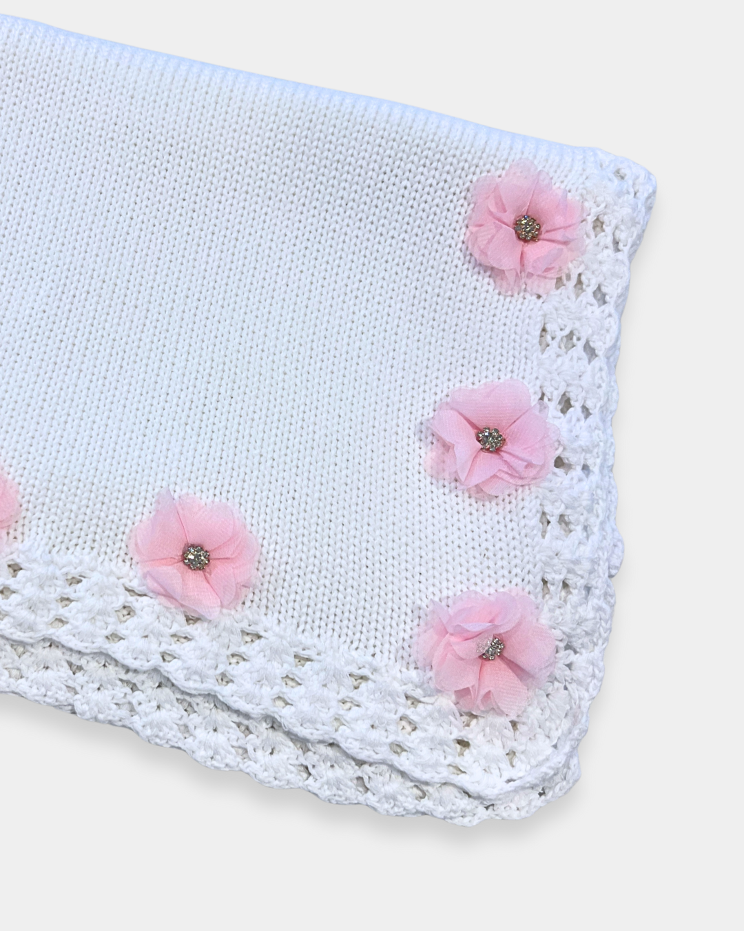 White w Pink Flower Small Rhinestone Center Blanket