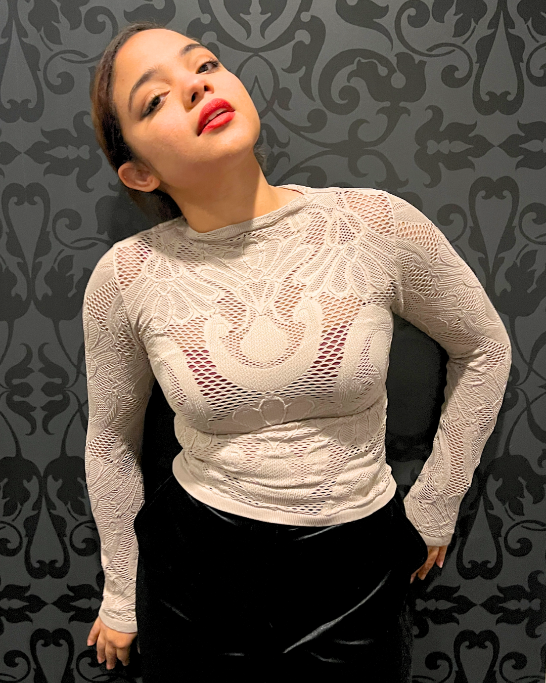 seamless jacquard mock neck Expressions Boutique NY, stone knit long sleeve top, women’s boutique fitted top, textured jacquard turtleneck, minimalist neutral fashion