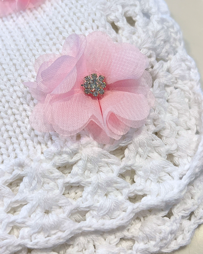 White w Pink Flower Small Rhinestone Center Blanket
