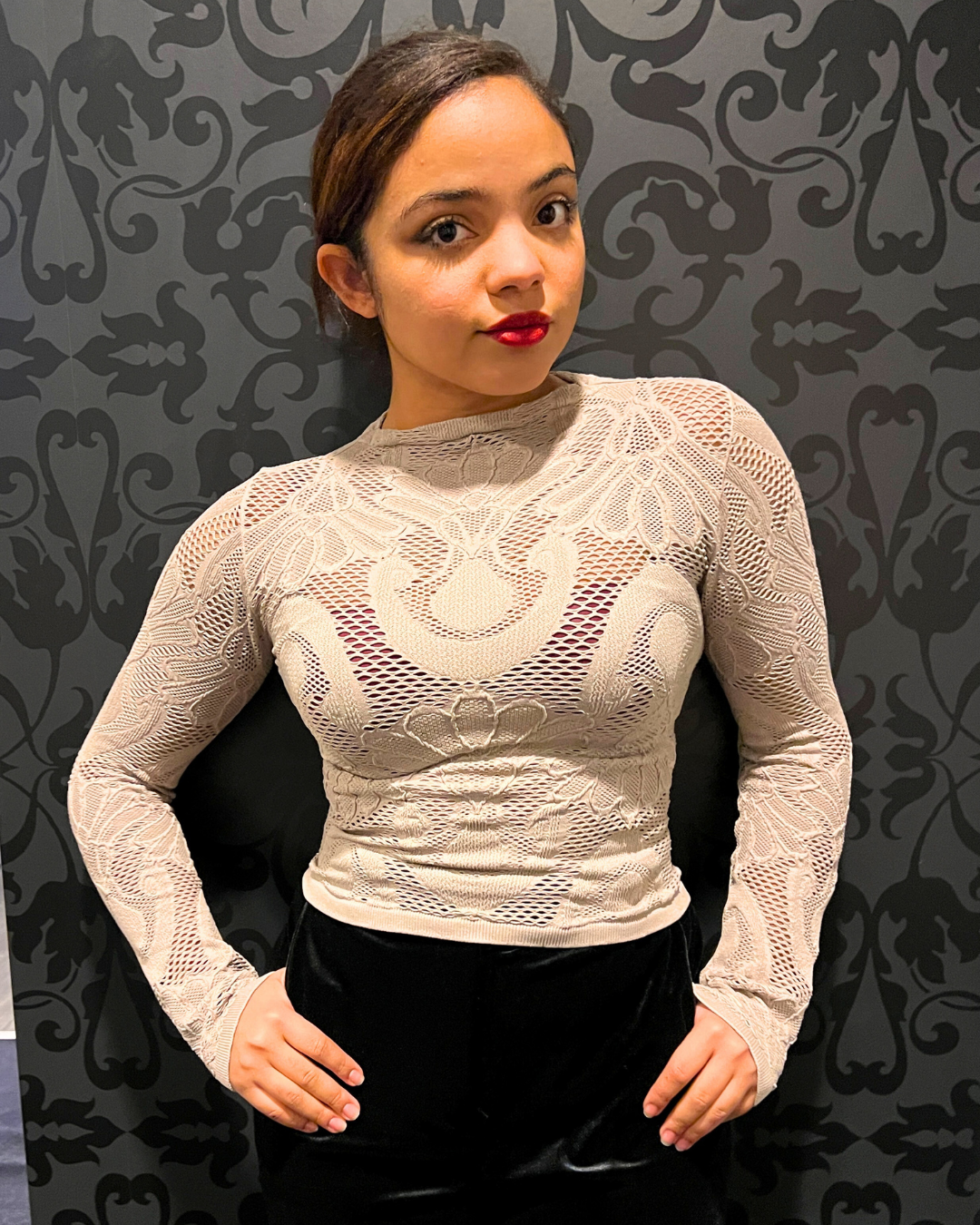 seamless jacquard mock neck Expressions Boutique NY, stone knit long sleeve top, women’s boutique fitted top, textured jacquard turtleneck, minimalist neutral fashion