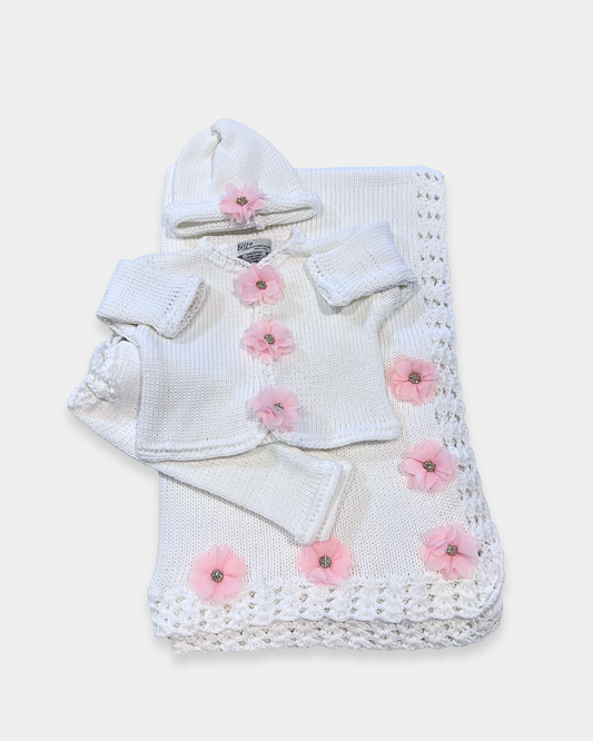 boutique baby girl sweater set, newborn white pink flower knit outfit, rhinestone baby girl sweater Expressions Boutique NY, luxury knitwear baby girl, christening outfit baby girl knit, heirloom newborn sweater hat set, boutique baby girl clothing set, newborn knit outfit girls, special occasion baby shower gift girl, cotton knit baby girl sweater set