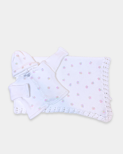 White Cotton Sweater w Sequin Flowers w Hat