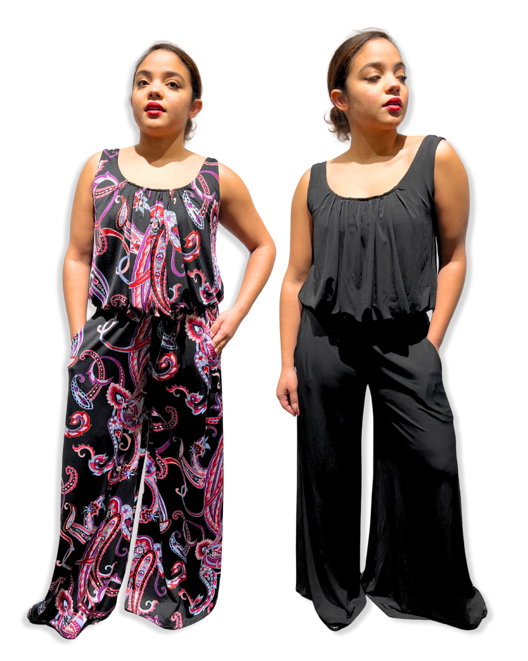 tank jumpsuit Expressions Boutique NY, women’s wide leg jumpsuit, sleeveless one piece outfit, paisley jumpsuit, black flowy jumpsuit, chic summer outfit