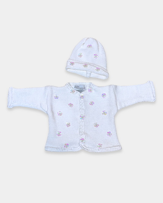 White Cotton Sweater w Sequin Flowers w Hat