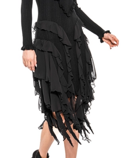 black organza dress, black ruffle dress long sleeve, statement cocktail dress, boutique black evening dress, dramatic ruffle skirt dress, black knit dress with organza, women’s boutique eveningwear, Expressions Boutique NY, Woodbury boutique fashion, black layered ruffle dress, designer inspired black dress, chic cocktail party dress