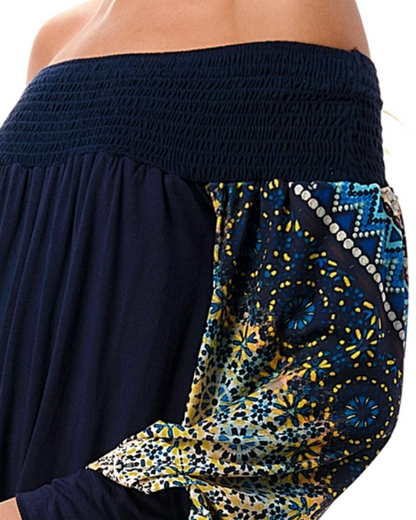 Navy/Multi Print Sleeve Off the Shoulder Top