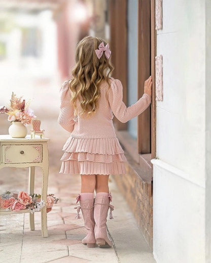pink knit skirt set, girls knit cardigan outfit, boutique toddler skirt set, pearl button cardigan for girls, girls blush pink outfit, knit skirt and sweater set, toddler girl special occasion outfit, boutique girls knitwear, pink lace trim skirt, stylish girls knit outfit, girls fall knit set, toddler boutique clothing