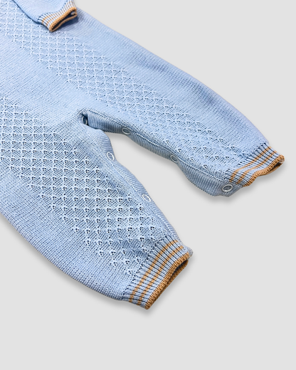 boutique baby boy romper Expressions Boutique NY, light blue knit romper with camel trim, classic cotton baby outfit, heirloom knit newborn romper breathable cotton, elegant infant boy one piece