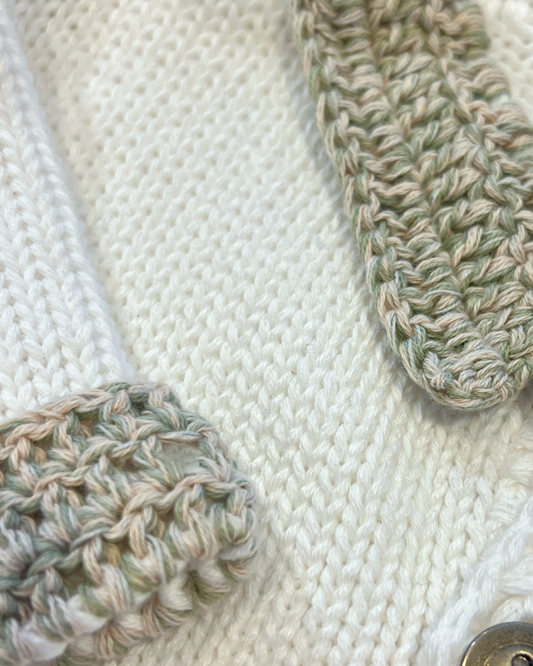 2pc White Cotton Sweater w Soft Green/Beige Tweed Collar & Cuff w Hat