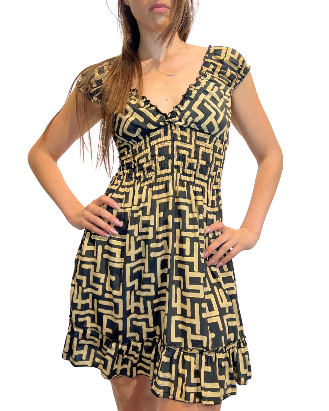 Black & Beige w Gold Smocked Sleeve Short Dress