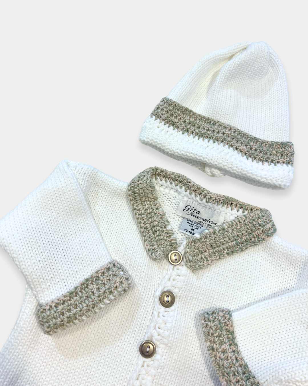 2pc White Cotton Sweater w Soft Green/Beige Tweed Collar & Cuff w Hat