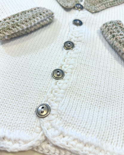 2pc White Cotton Sweater w Soft Green/Beige Tweed Collar & Cuff w Hat