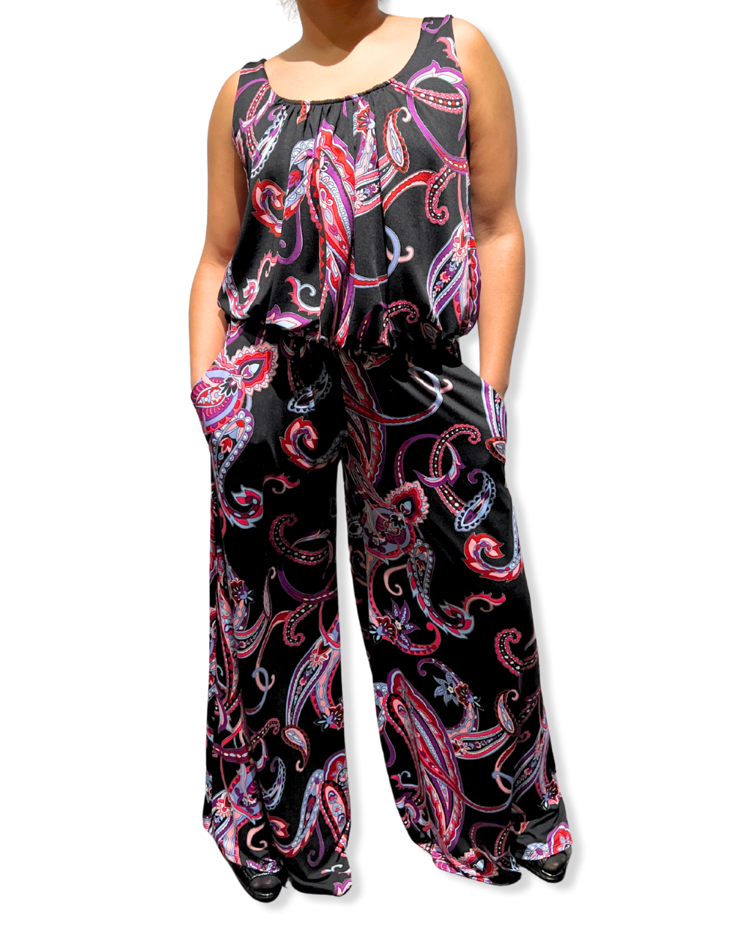 tank jumpsuit Expressions Boutique NY, women’s wide leg jumpsuit, sleeveless one piece outfit, paisley jumpsuit, black flowy jumpsuit, chic summer outfit