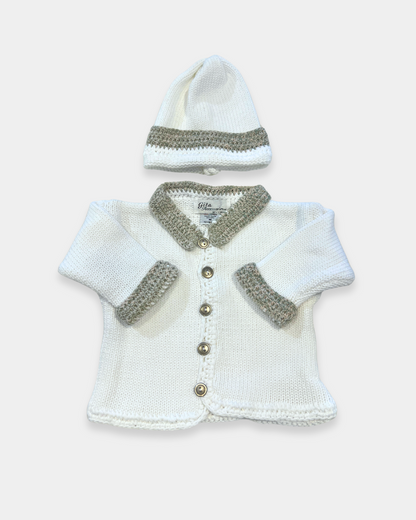 2pc White Cotton Sweater w Soft Green/Beige Tweed Collar & Cuff w Hat