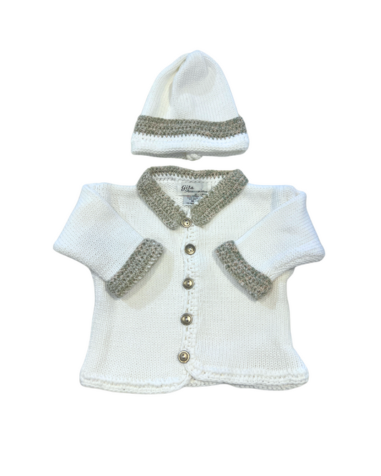 2pc White Cotton Sweater w Soft Green/Beige Tweed Collar & Cuff w Hat