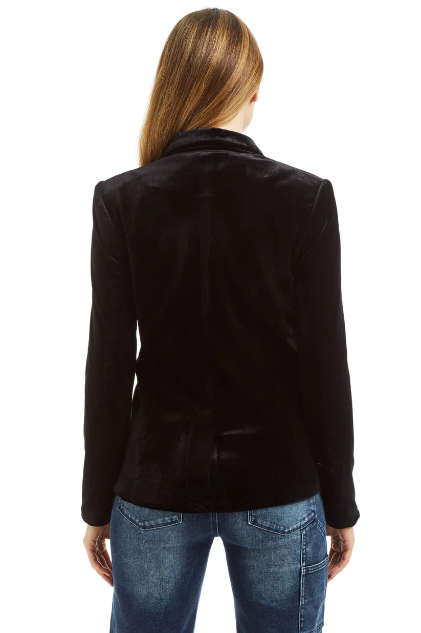 black velvet blazer women, tailored velvet jacket, evening velvet blazer, boutique velvet blazer, luxury black blazer women, single button velvet blazer, chic velvet suit jacket, versatile velvet blazer outfit, formal black velvet jacket, boutique fashion outerwear, modern tailored blazer women, classic velvet blazer coat