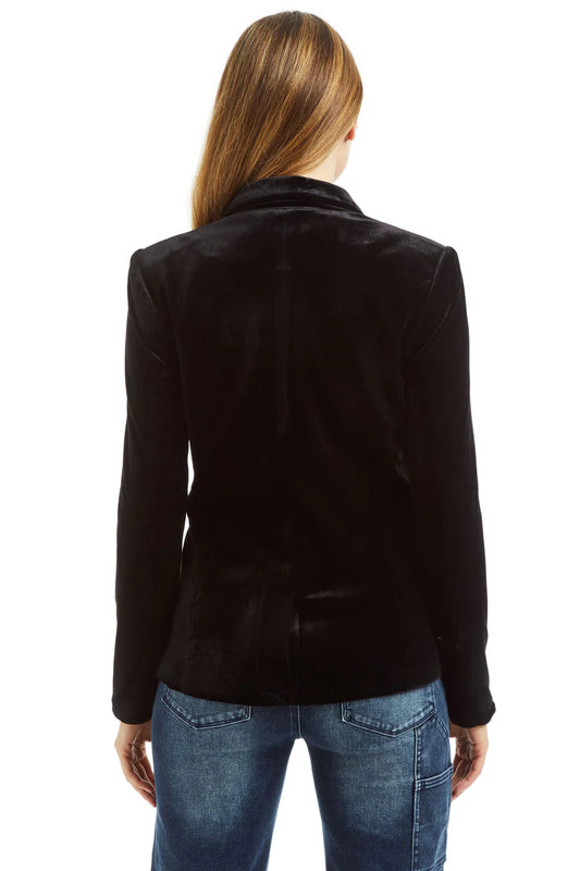 black velvet blazer women, tailored velvet jacket, evening velvet blazer, boutique velvet blazer, luxury black blazer women, single button velvet blazer, chic velvet suit jacket, versatile velvet blazer outfit, formal black velvet jacket, boutique fashion outerwear, modern tailored blazer women, classic velvet blazer coat