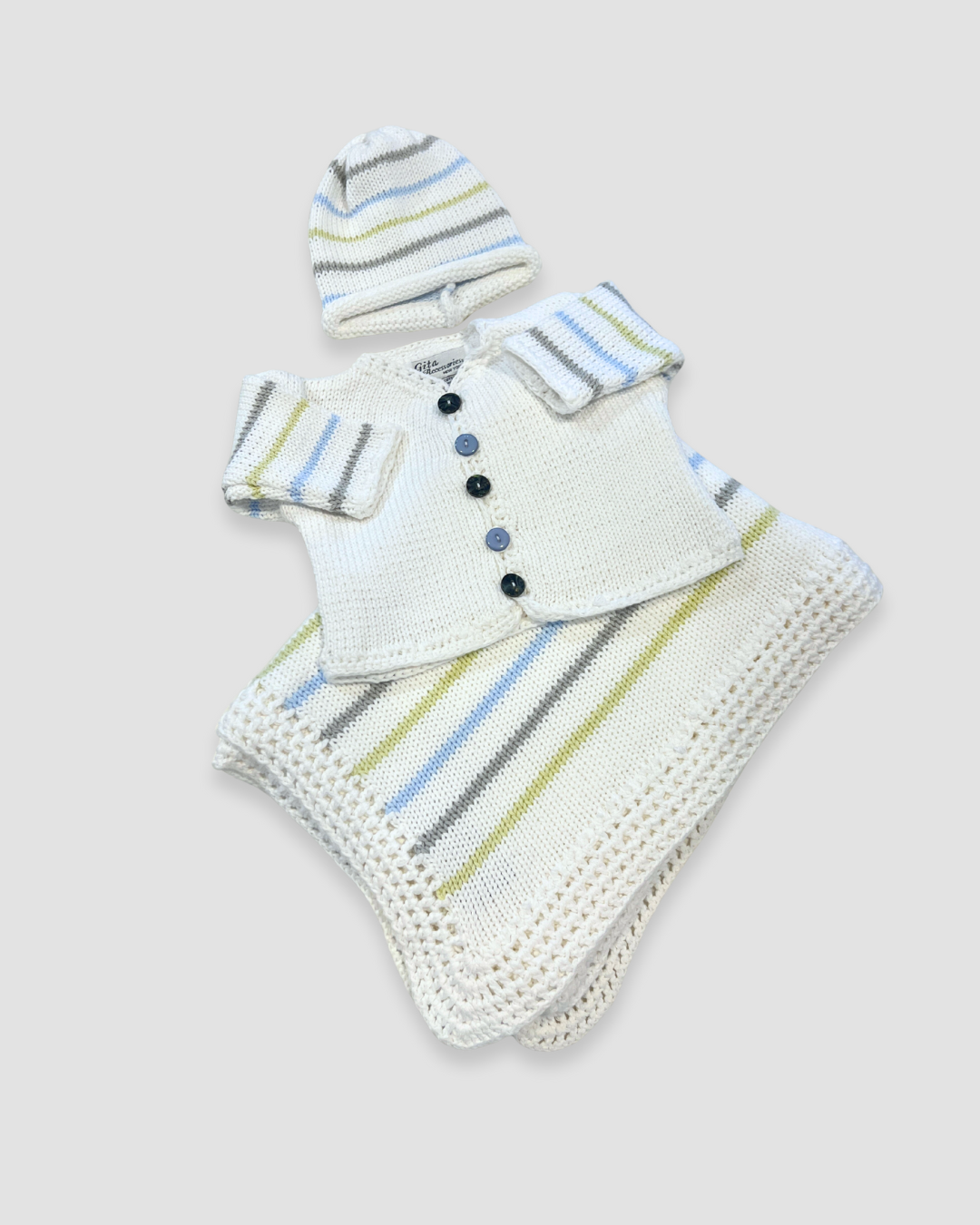boutique baby sweater set, white pastel stripe baby knit outfit, newborn boy girl sweater Expressions Boutique NY, pastel stripe baby shower gift, heirloom cotton knit baby outfit, boutique baby clothes neutral, newborn sweater with hat set, pastel baby knitwear for spring, boutique unisex baby clothing, cotton knit baby girl boy outfit