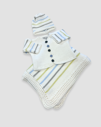 boutique baby sweater set, white pastel stripe baby knit outfit, newborn boy girl sweater Expressions Boutique NY, pastel stripe baby shower gift, heirloom cotton knit baby outfit, boutique baby clothes neutral, newborn sweater with hat set, pastel baby knitwear for spring, boutique unisex baby clothing, cotton knit baby girl boy outfit