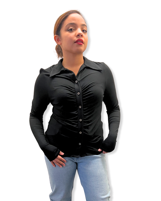 black ruched button up top, women’s fitted blouse Expressions Boutique NY, ruched front shirt, stretch button down top, black collared blouse for women