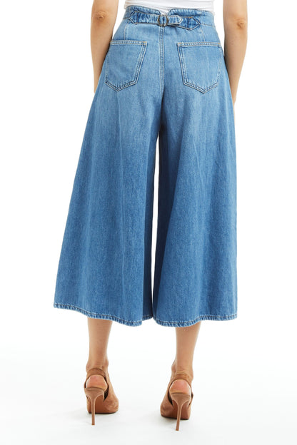 Denim Culotte w Back Waist Buckle