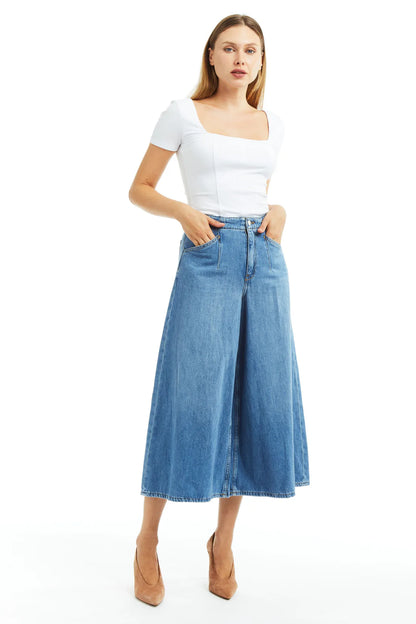 Denim Culotte w Back Waist Buckle