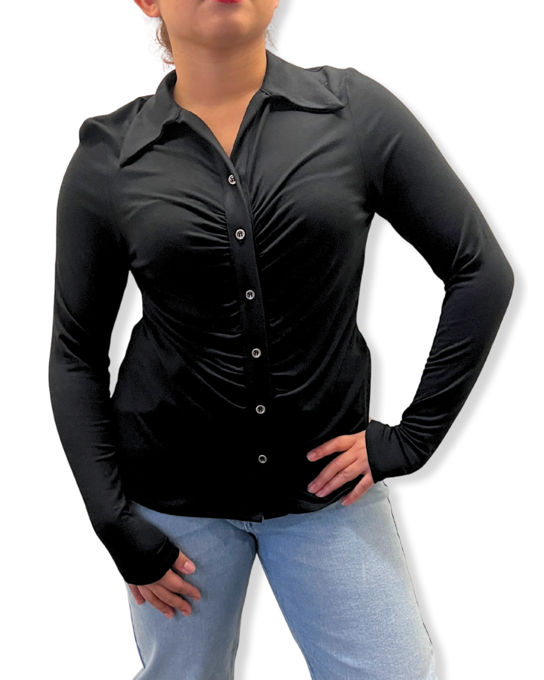 black ruched button up top, women’s fitted blouse Expressions Boutique NY, ruched front shirt, stretch button down top, black collared blouse for women