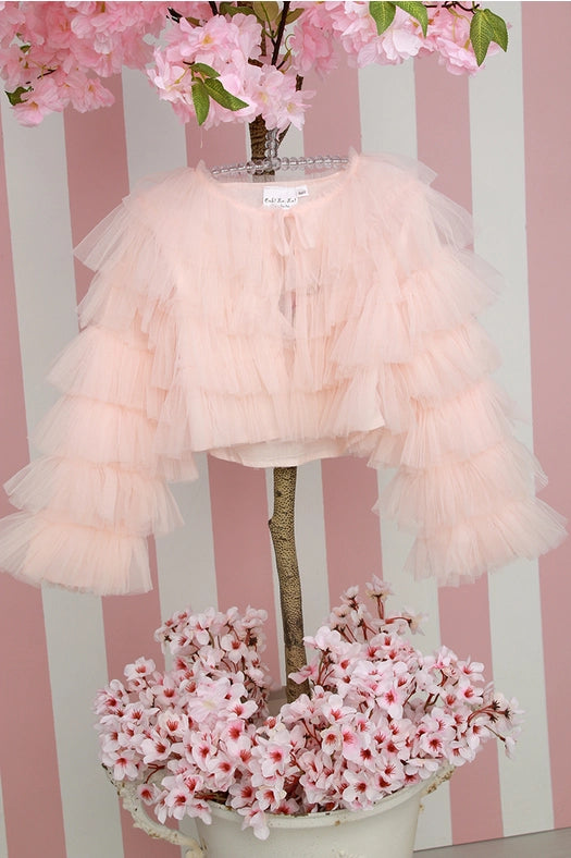 pink tulle ruffle jacket, girls boutique tulle jacket, layered ruffle jacket for girls, soft pink party jacket, toddler girls tulle layering piece, boutique girls outerwear, girls special occasion jacket, blush ruffle jacket kids, Expressions Boutique NY kids fashion