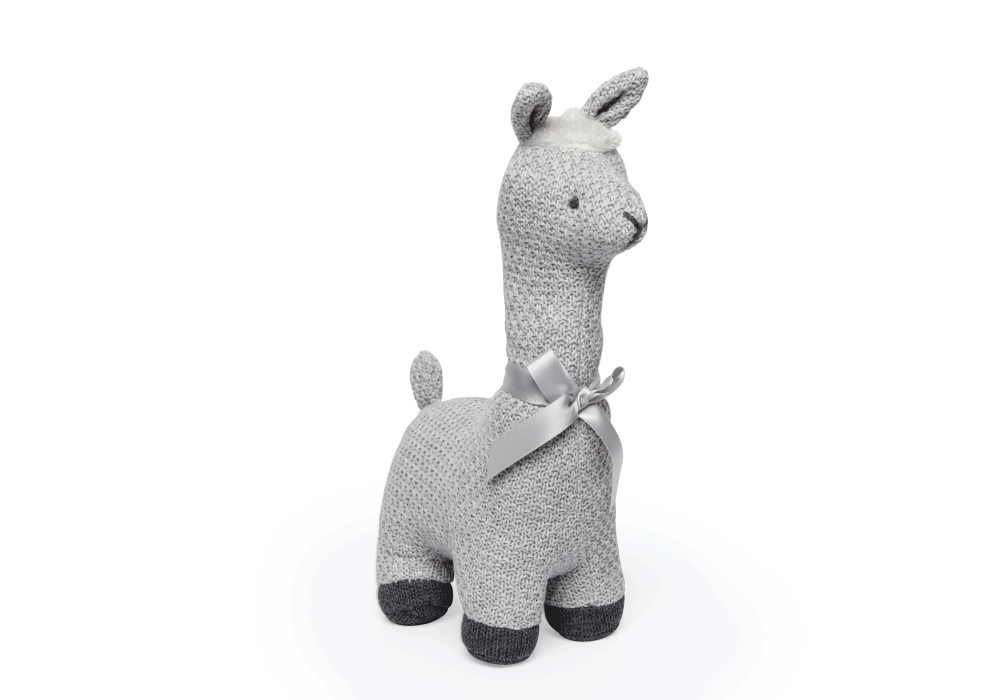 llama stuffed animal toy, knitted llama plush, neutral nursery stuffed animal, baby shower gift plush llama, soft cuddle toy llama, boutique baby plush animals, unisex baby stuffed toy, nursery décor stuffed animal, hand-knit llama doll, plush llama with bow