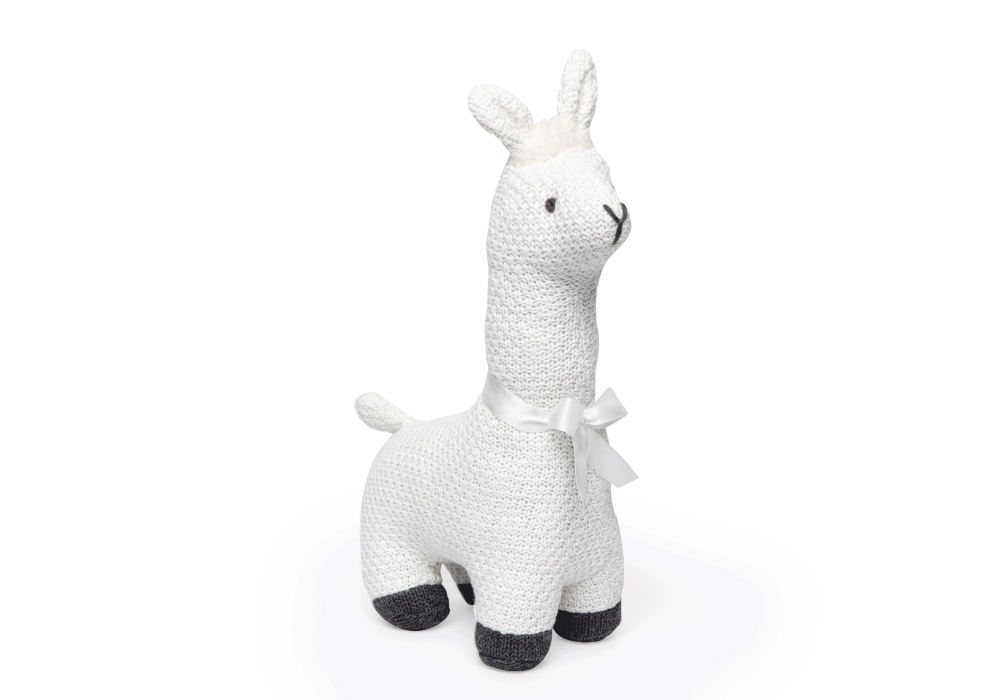 llama stuffed animal toy, knitted llama plush, neutral nursery stuffed animal, baby shower gift plush llama, soft cuddle toy llama, boutique baby plush animals, unisex baby stuffed toy, nursery décor stuffed animal, hand-knit llama doll, plush llama with bow