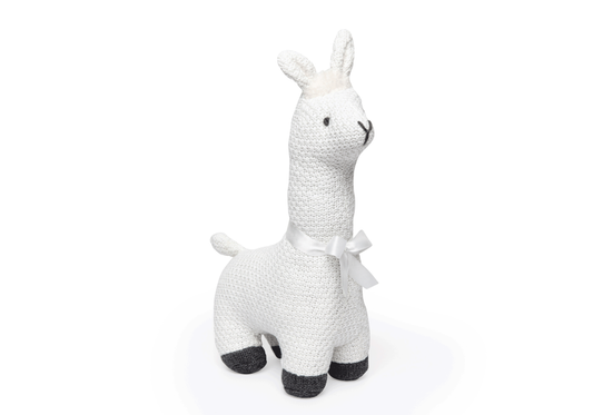 llama stuffed animal toy, knitted llama plush, neutral nursery stuffed animal, baby shower gift plush llama, soft cuddle toy llama, boutique baby plush animals, unisex baby stuffed toy, nursery décor stuffed animal, hand-knit llama doll, plush llama with bow
