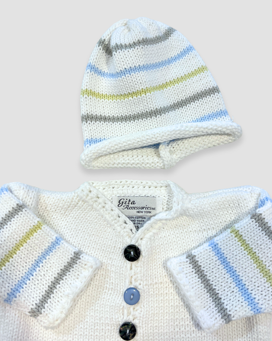 boutique baby sweater set, white pastel stripe baby knit outfit, newborn boy girl sweater Expressions Boutique NY, pastel stripe baby shower gift, heirloom cotton knit baby outfit, boutique baby clothes neutral, newborn sweater with hat set, pastel baby knitwear for spring, boutique unisex baby clothing, cotton knit baby girl boy outfit