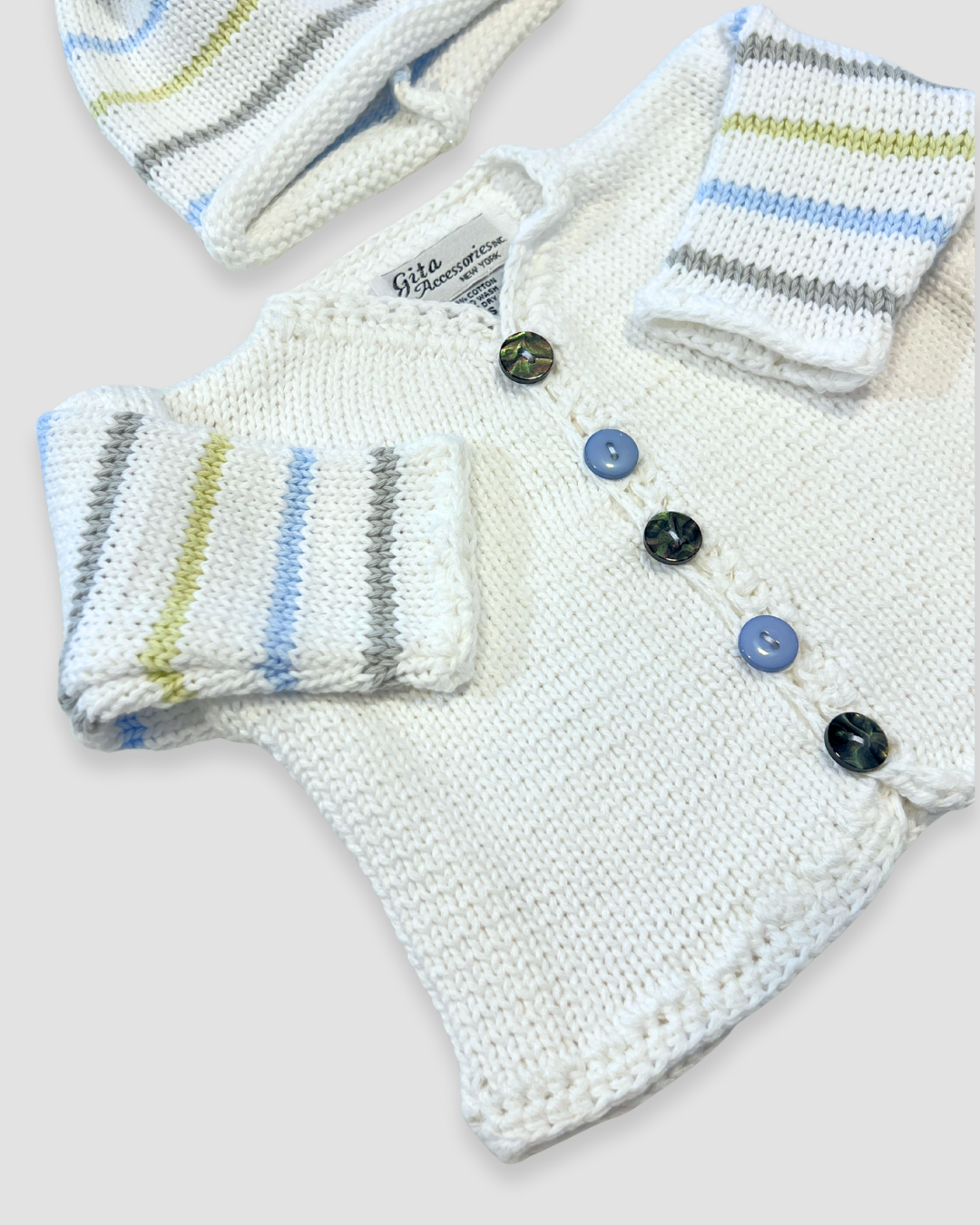 boutique baby sweater set, white pastel stripe baby knit outfit, newborn boy girl sweater Expressions Boutique NY, pastel stripe baby shower gift, heirloom cotton knit baby outfit, boutique baby clothes neutral, newborn sweater with hat set, pastel baby knitwear for spring, boutique unisex baby clothing, cotton knit baby girl boy outfit