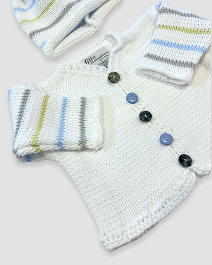 boutique baby sweater set, white pastel stripe baby knit outfit, newborn boy girl sweater Expressions Boutique NY, pastel stripe baby shower gift, heirloom cotton knit baby outfit, boutique baby clothes neutral, newborn sweater with hat set, pastel baby knitwear for spring, boutique unisex baby clothing, cotton knit baby girl boy outfit