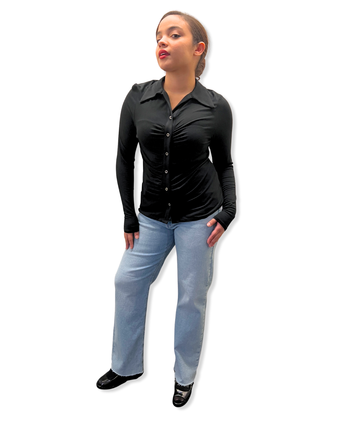 black ruched button up top, women’s fitted blouse Expressions Boutique NY, ruched front shirt, stretch button down top, black collared blouse for women