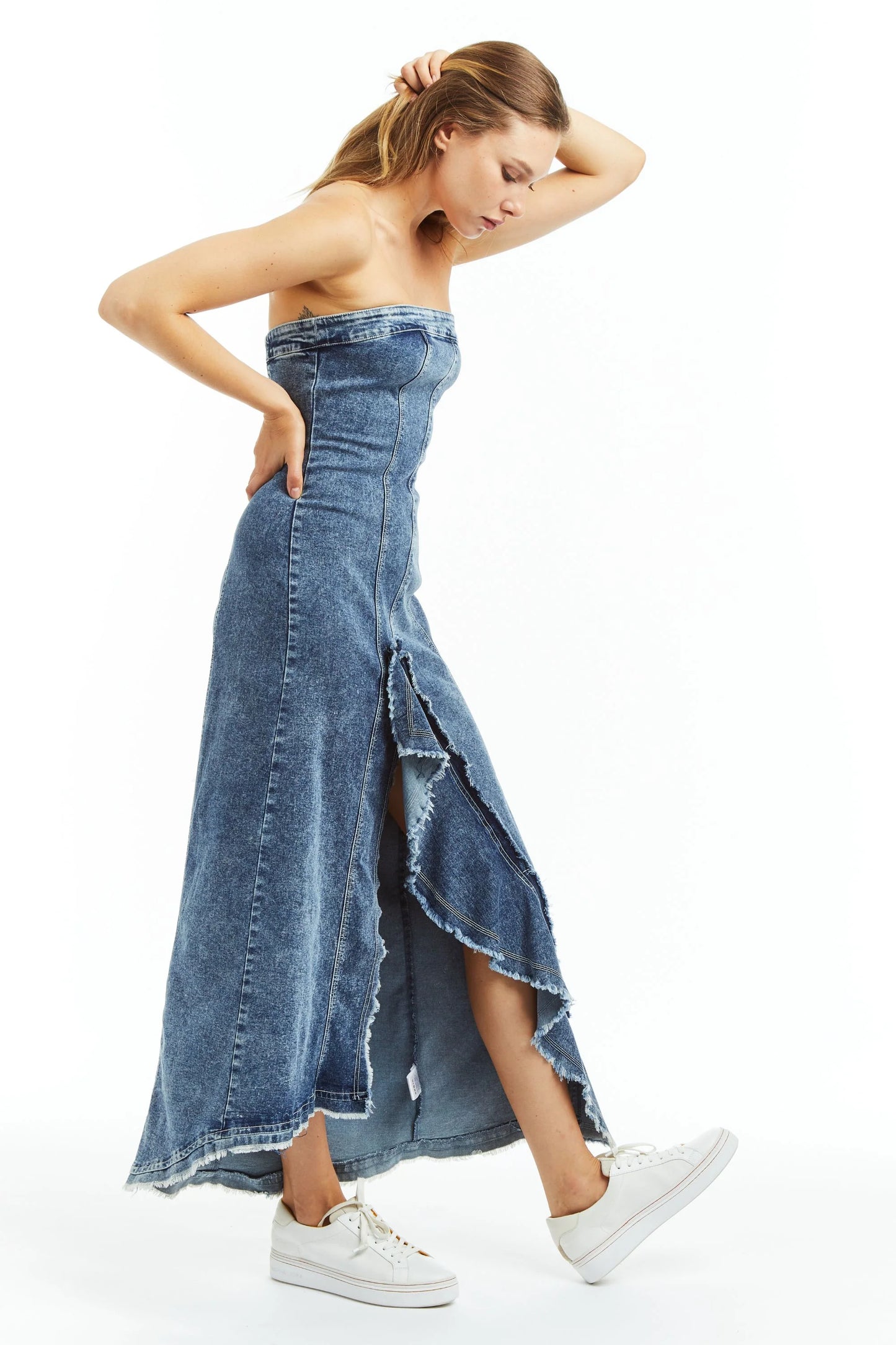 Ruffle Strapless Denim Dress