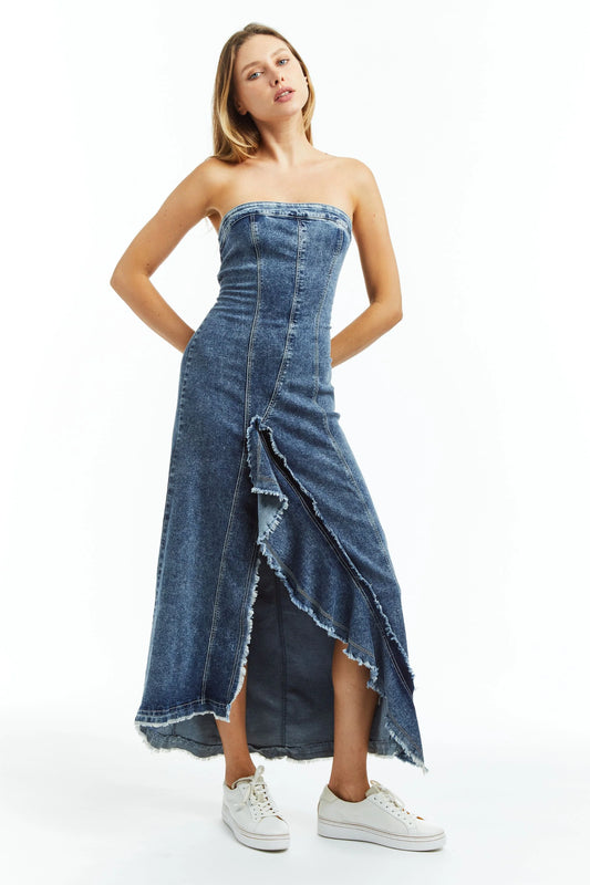 Ruffle Strapless Denim Dress