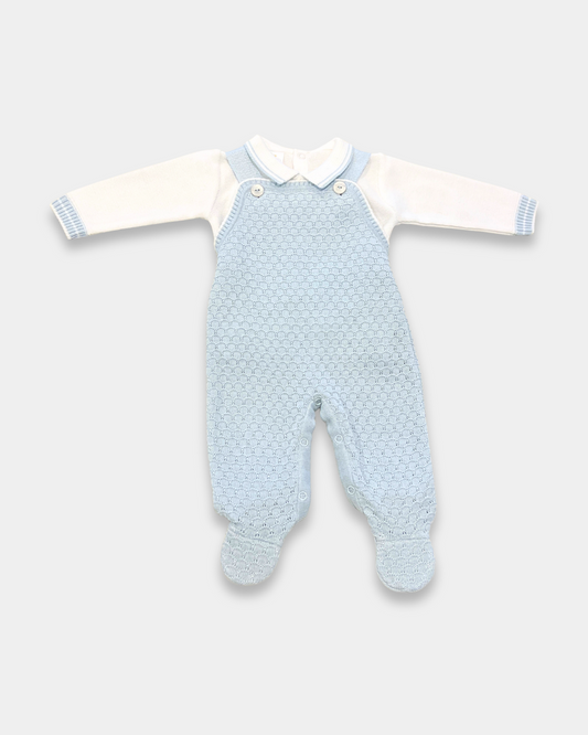 baby boy knit overall set, blue and white baby outfit, boutique baby boy clothing, knit baby boy romper, newborn knit outfit boy, baby boy christening outfit, baby boy holiday outfit, boutique knit baby clothes, baby shower gift boy, Expressions Boutique NY, Woodbury baby boutique, knit baby outfit with footies
