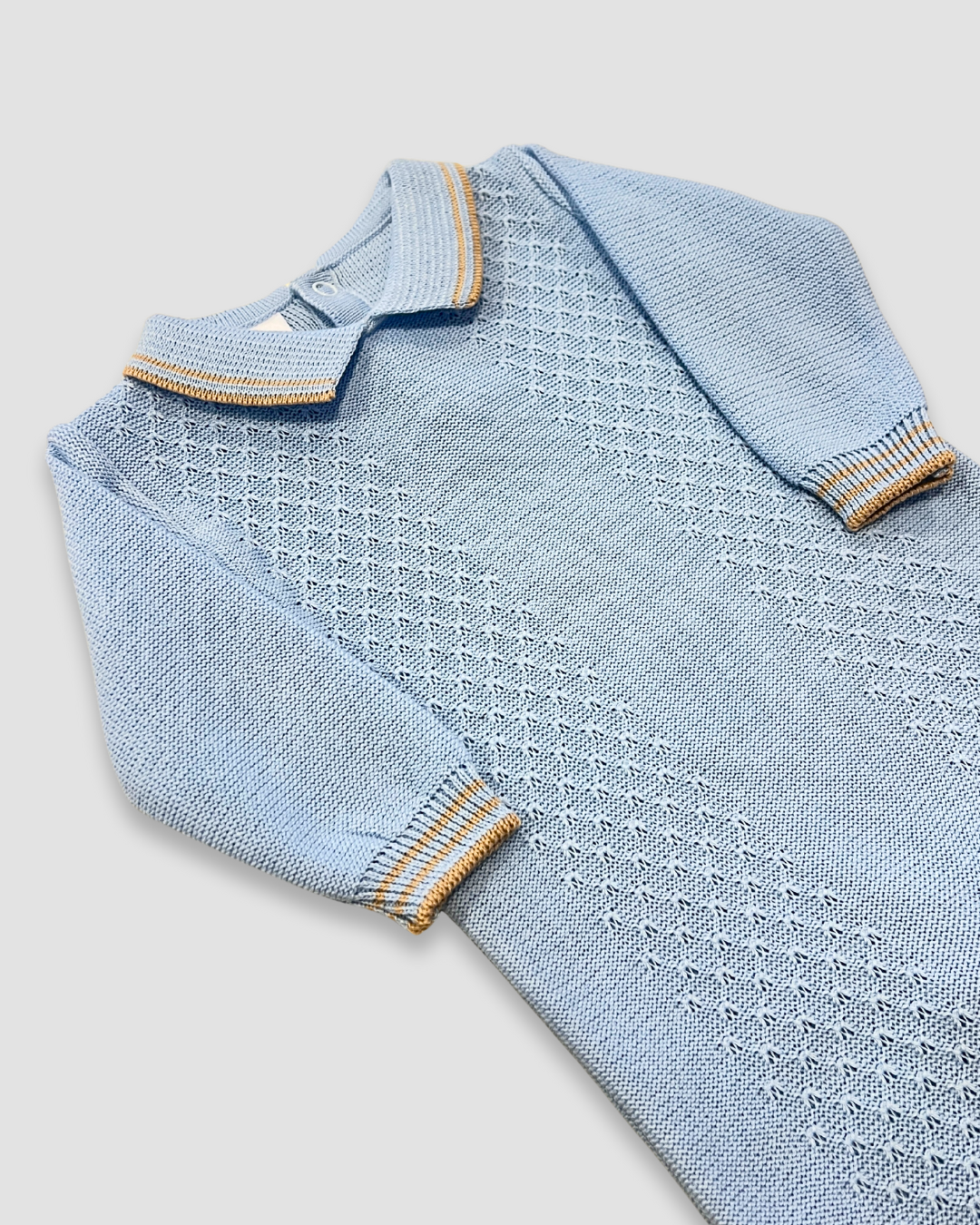 boutique baby boy romper Expressions Boutique NY, light blue knit romper with camel trim, classic cotton baby outfit, heirloom knit newborn romper breathable cotton, elegant infant boy one piece