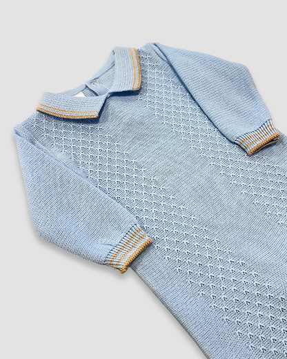 boutique baby boy romper Expressions Boutique NY, light blue knit romper with camel trim, classic cotton baby outfit, heirloom knit newborn romper breathable cotton, elegant infant boy one piece