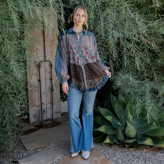 YOUNG THREADS,patchwork denim floral blouse Expressions Boutique NY, boho denim top women, floral mixed print button-down, boutique bohemian shirt, vintage-inspired denim patch blouse
