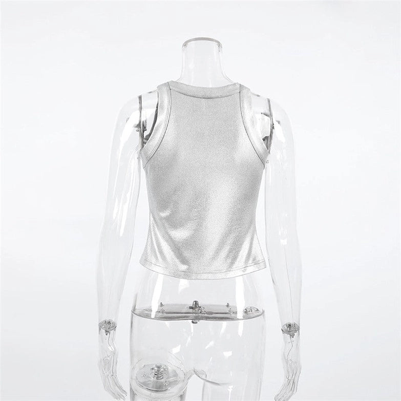 silver ribbed tank top Expressions Boutique NY, metallic knit camisole women, minimalist silver top, boutique sleeveless top metallic sheen, fitted rib knit cami