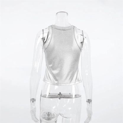 silver ribbed tank top Expressions Boutique NY, metallic knit camisole women, minimalist silver top, boutique sleeveless top metallic sheen, fitted rib knit cami